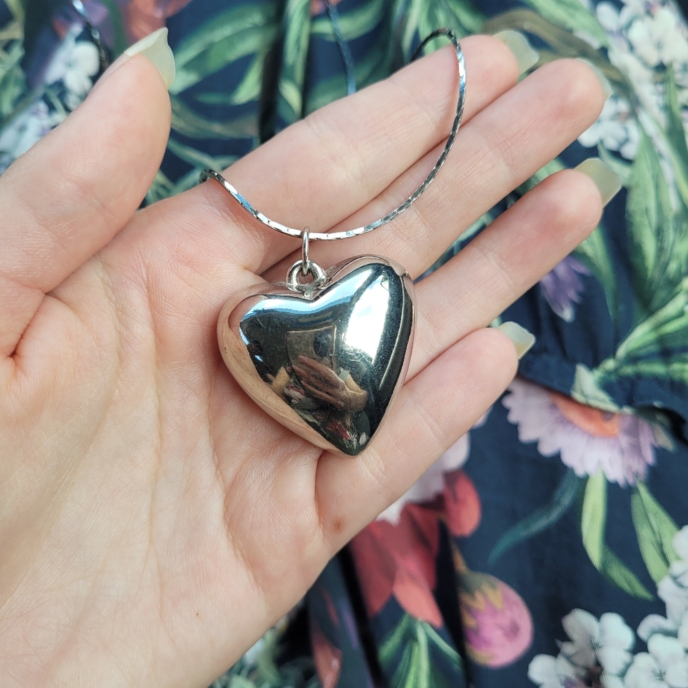 Vintage Puffy Heart Pendant Sterling Silver 16" Long Chain Necklace